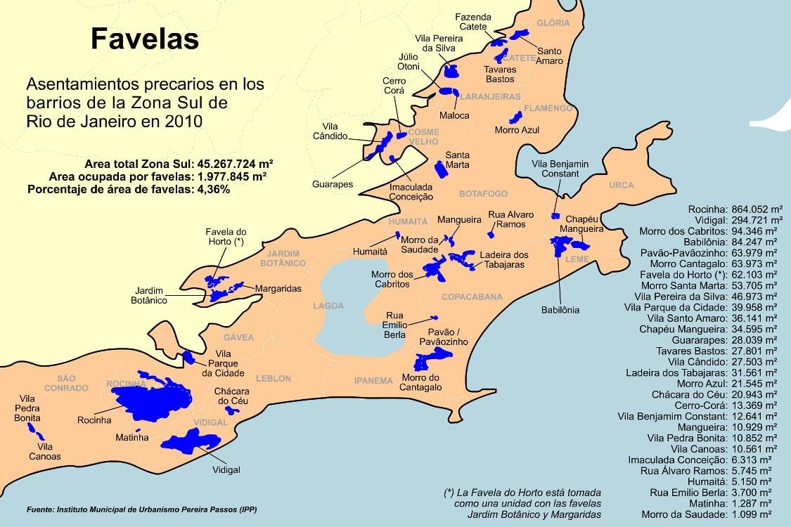 Карта на favelas Јужната зона на Рио де Жанеиро